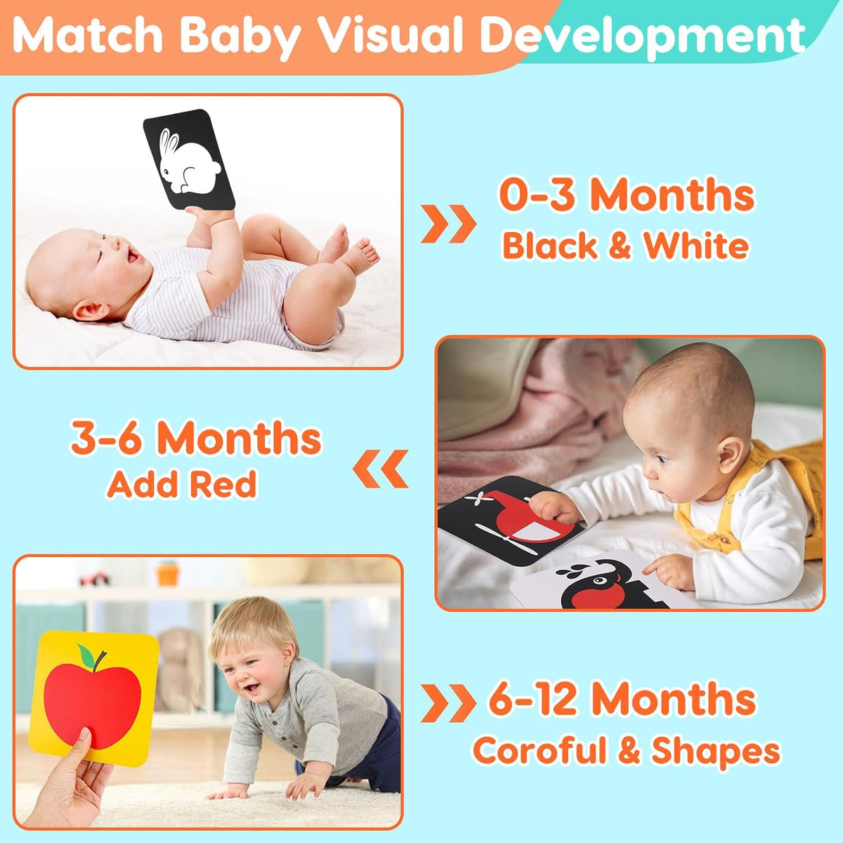 Black and White High Contrast Baby Books Flash Cards Tummy Time Mirror Toys Newborn Toys 0 6 Months