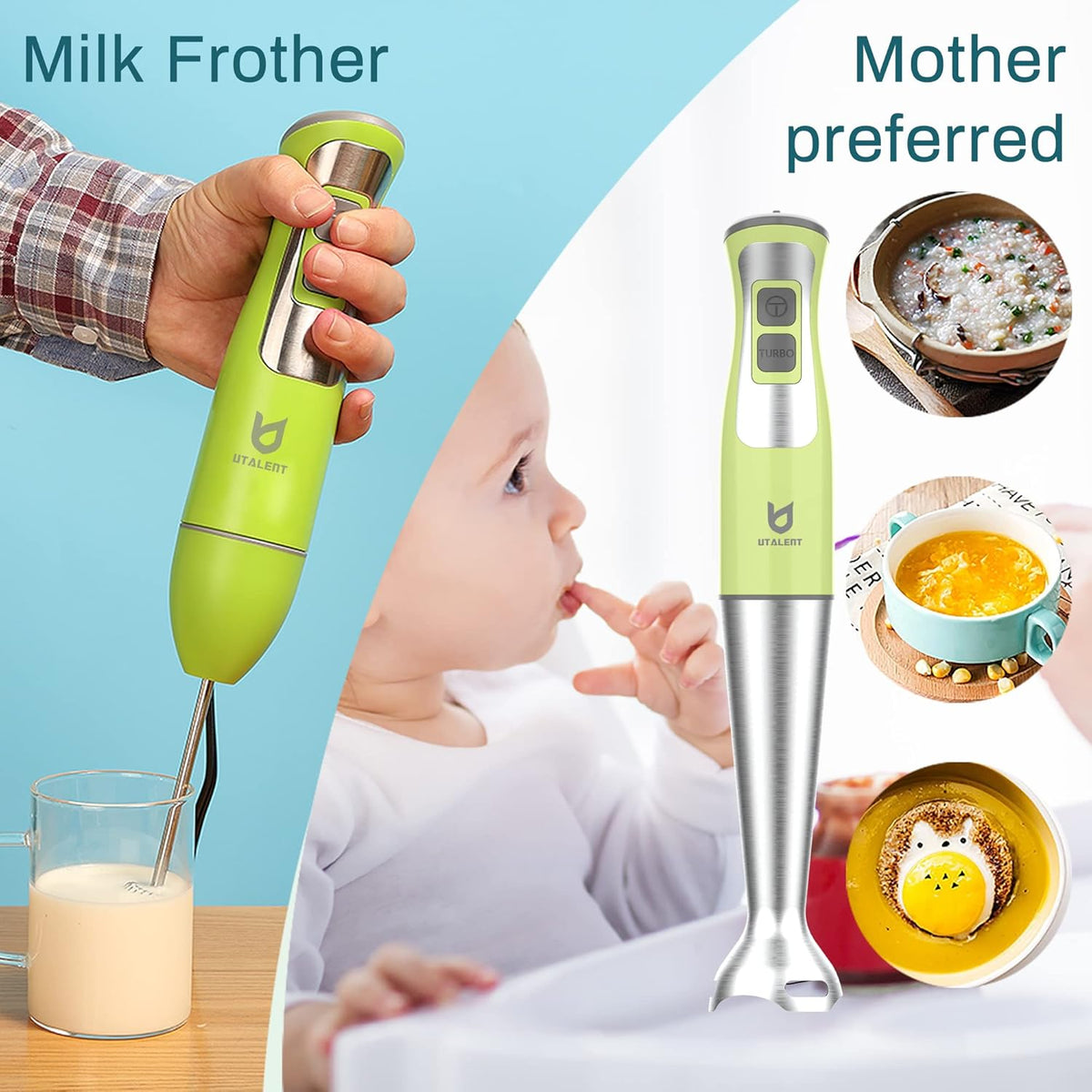 Immersion Hand Blender, UTALENT 3-in-1 8-Speed Stick Blender with Milk Frother, Egg Whisk for