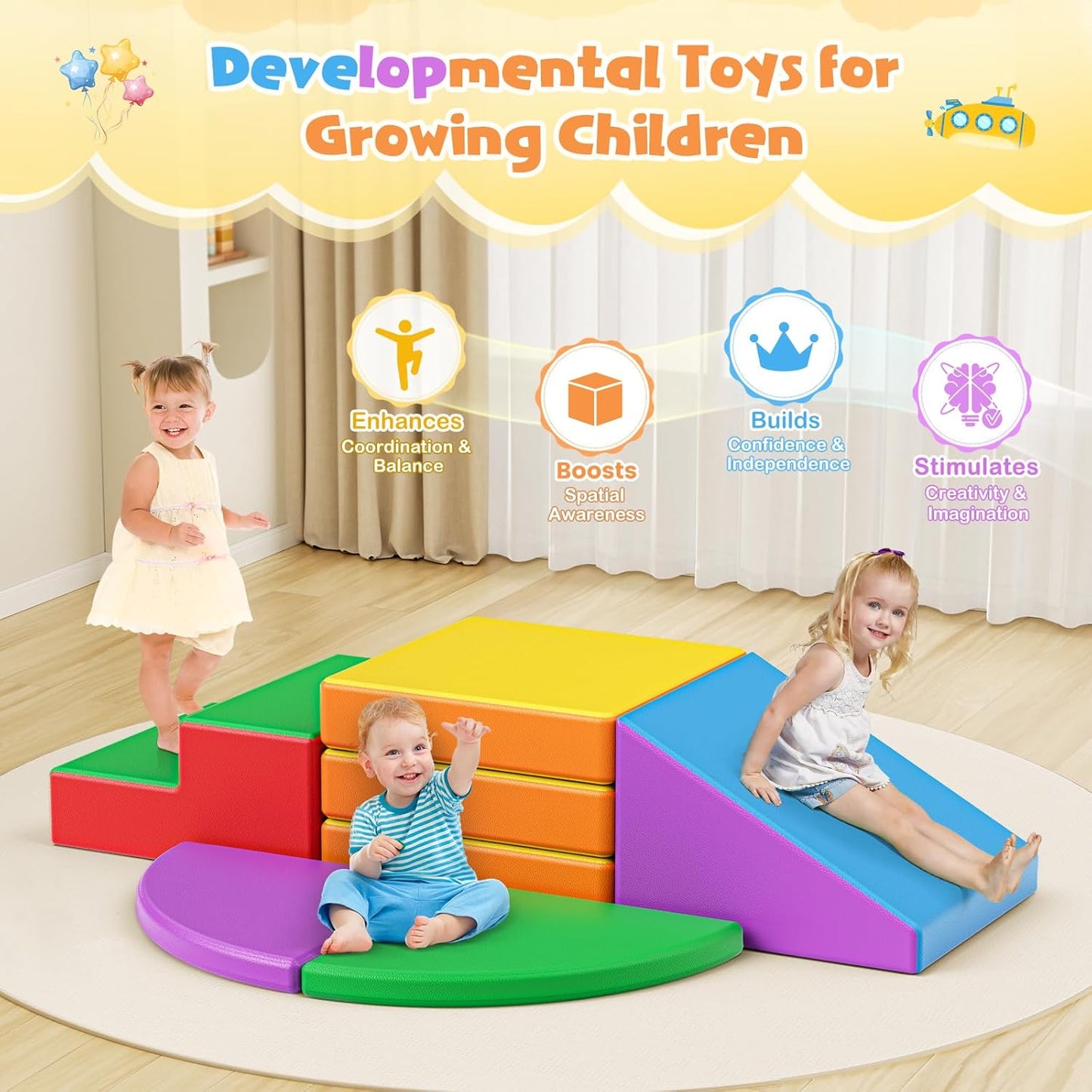 Lischwert Foam Climbing Blocks for Toddlers 1-3, 5pcs Foldable Soft Play Set with Crawling