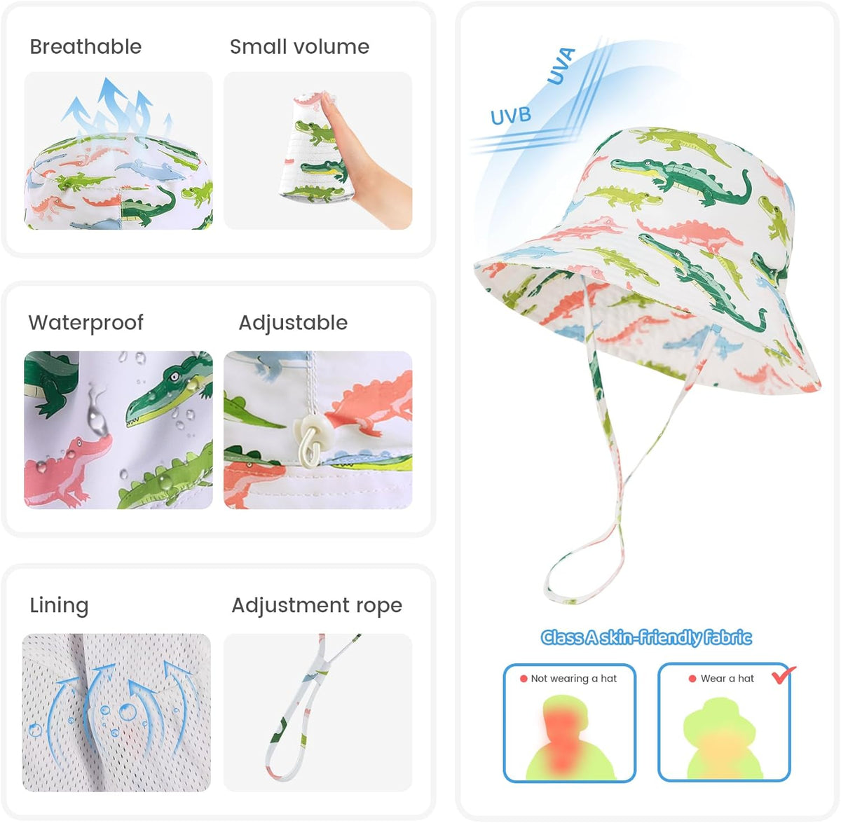 Baby Sun Hat 0-6 Years Toddler Boys Girls Adjustable Bucket Hats Kids Bucket Hats UPF 50+ Wide Brim