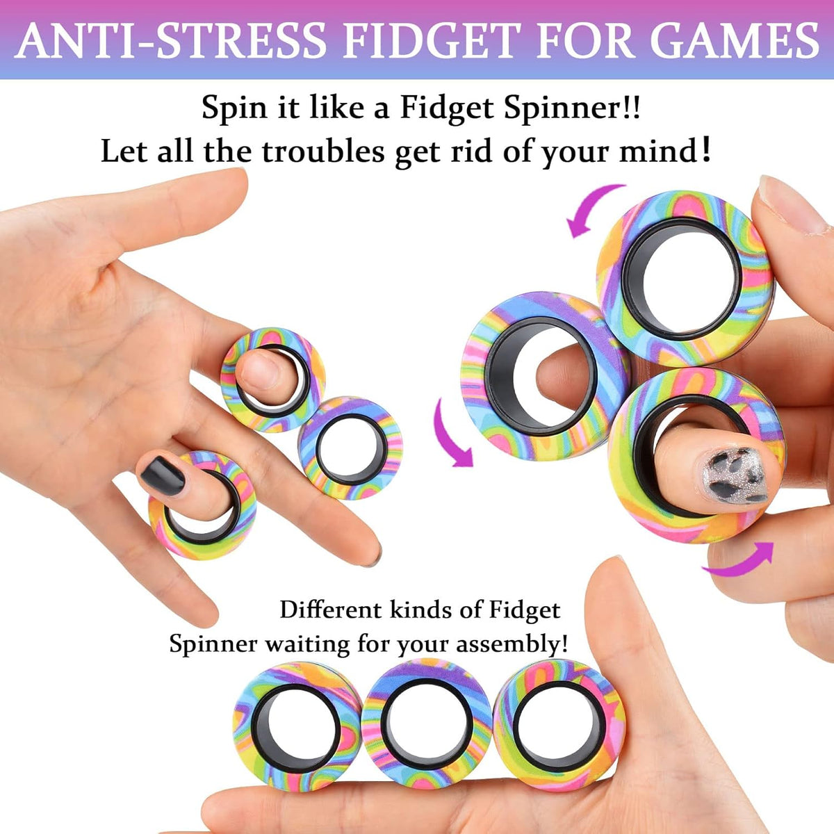 3Pcs Magnetic Rings Fidget Toy Set, ADHD Anxiety Magnetic Fidget Toys Adults Fidget Spinner Rings
