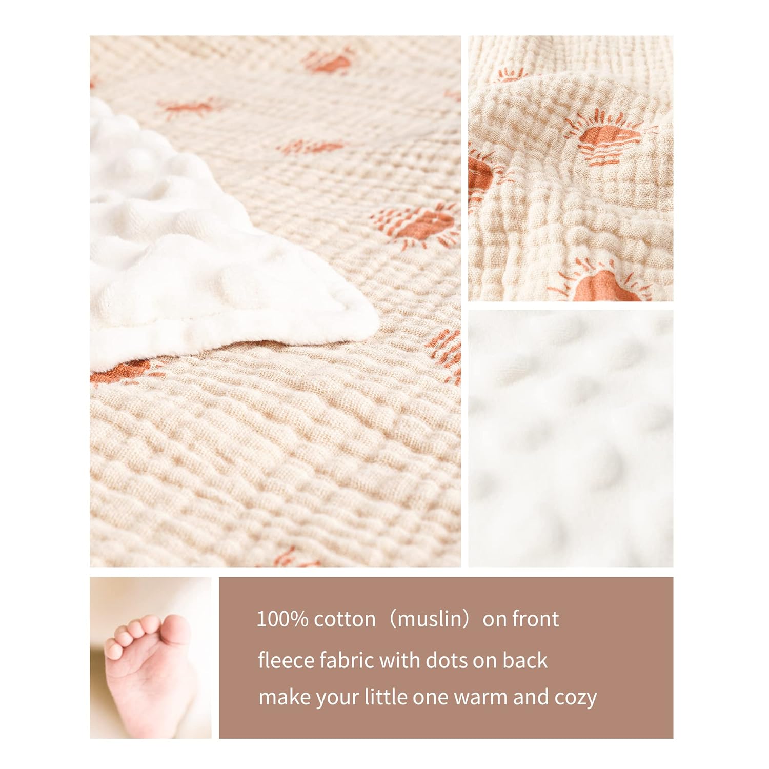 Konssy Baby Blankets for Unisex Boys Girls, Super Soft Nursery Minky Blankets with Muslin Cotton