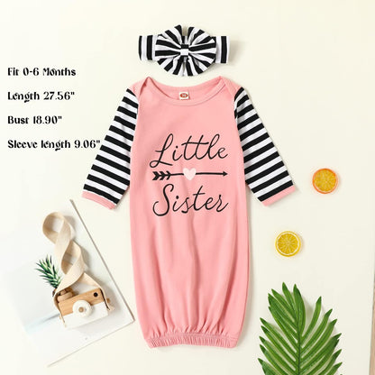 AMAWMW Newborn Baby Girl Little Sister Sleeper Gown Stripe Long Sleeve Nightgown Pajamas Gifts