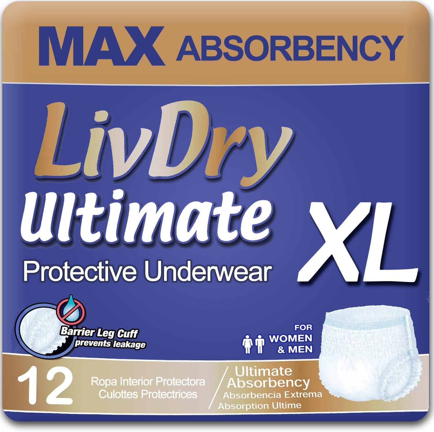 LivDry Ultimate XL Adult Incontinence Underwear, Max Absorbent Adult Diapers with Leak Protection