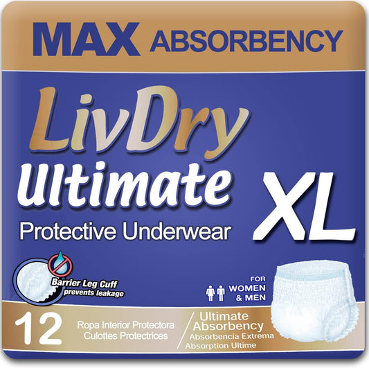LivDry Ultimate XL Adult Incontinence Underwear, Max Absorbent Adult Diapers with Leak Protection