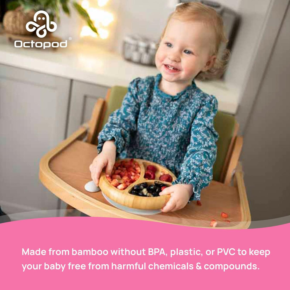 Abiie Octopod Bamboo Dish - Kids Plates for 4 months and up, 3-Compartment Baby Plates with