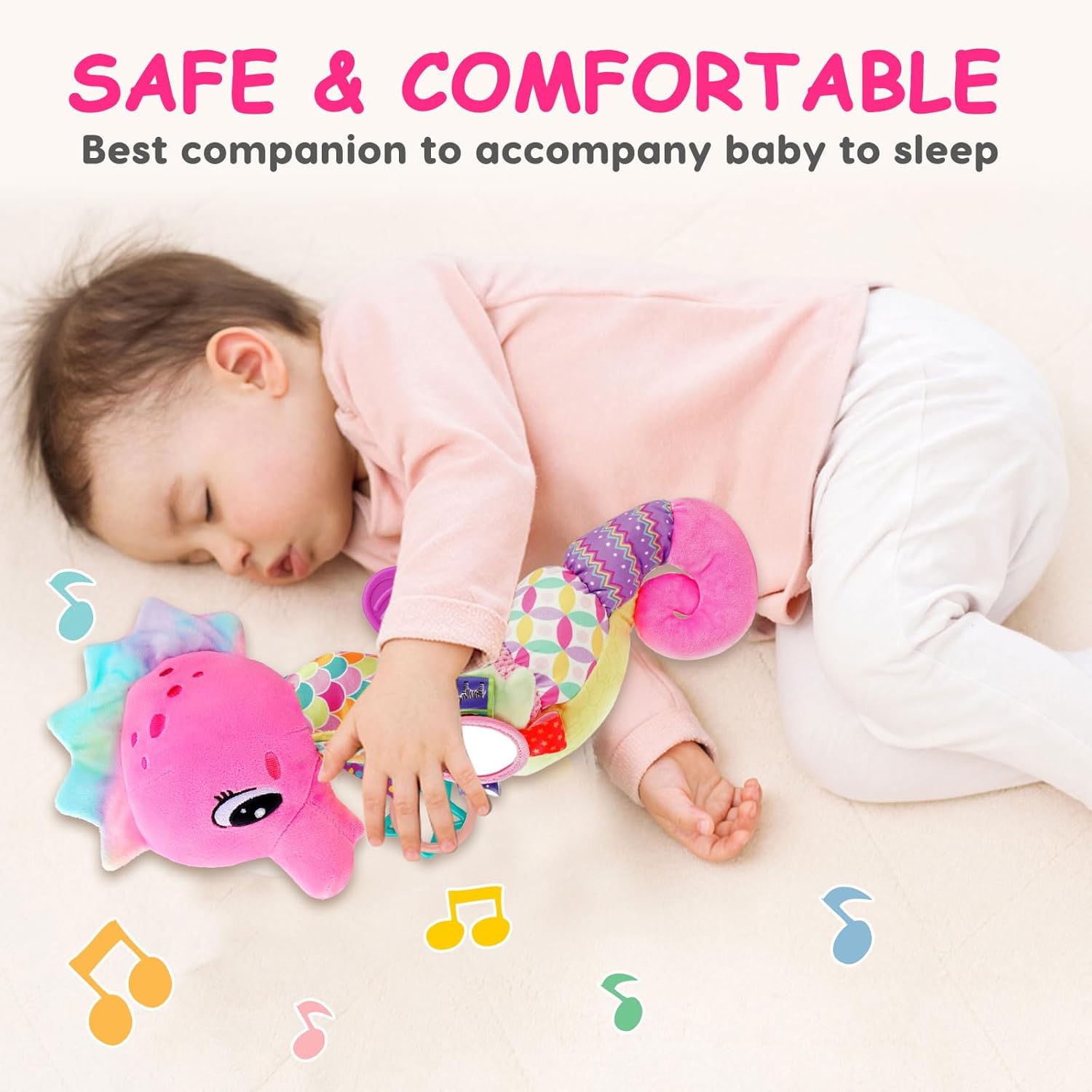 Baby Sensory Toys 0-6 3-6 Months Musical Stuffed Animal Plush Pink Seahorse for Infant 6-12 Month