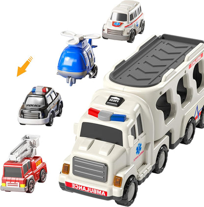TEMI 5 Pack Ambulance Vehicle Toddler Truck Toys for 3 4 5 6 Year Old Boys, Friction Powered Cars