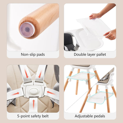 Baby High Chair, Highchair for Baby & Toddler, Easy Clean Infant Highchair, 6 in 1 Feeding High