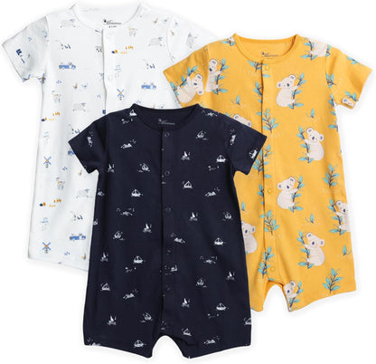 3-Pack 100% Cotton Baby Boy Rompers,0-24Months Short Sleeve Toddler Romper,Breathable Spring/Summer