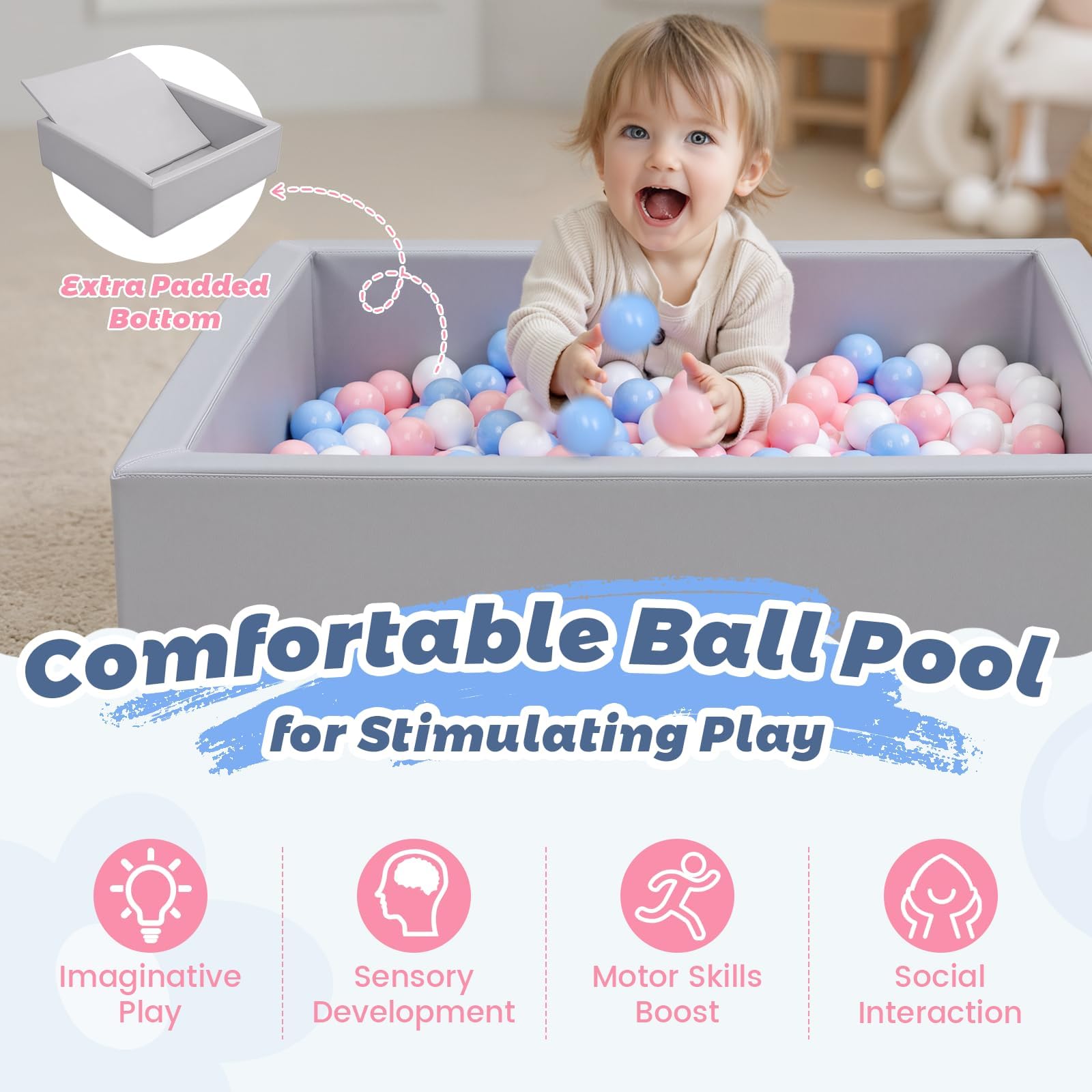 Leather Foam Ball Pit for Toddlers: Waterproof Baby Ball Pit with Soft Memory Foam - Large
