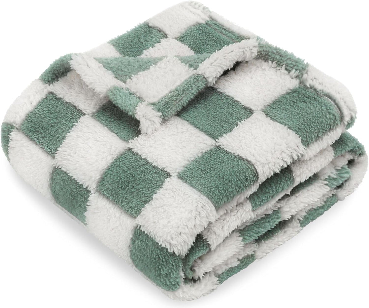 HOMRITAR Checkered Baby Blanket for Boys Sage Green Soft Fluffy Fuzzy Blankets with 3D Chessboard
