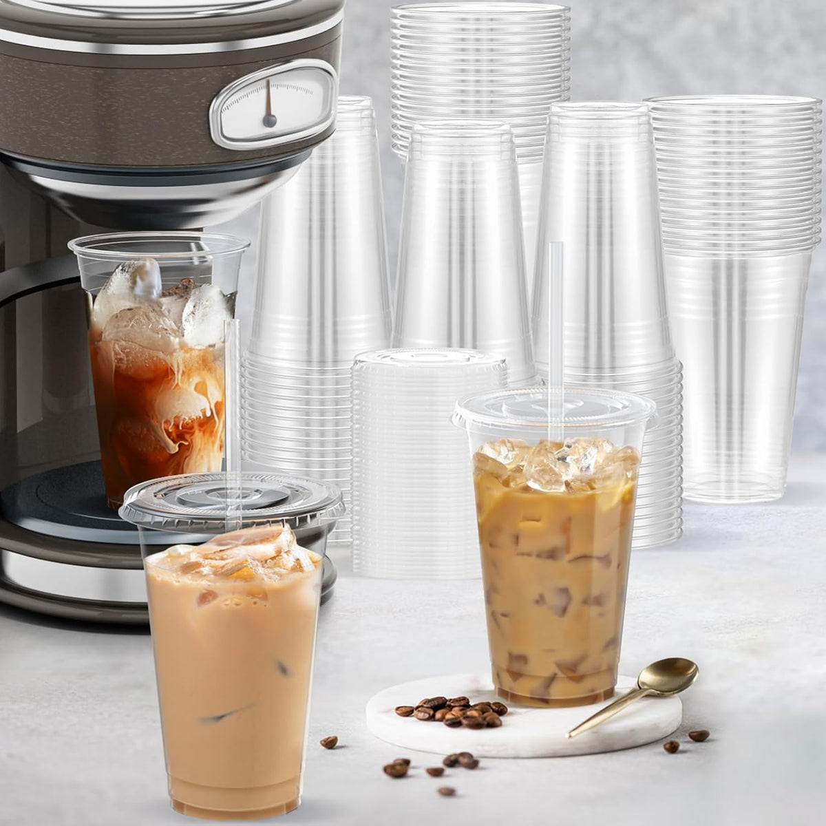 100 Pack - 20 oz Clear Plastic Cups with Lids and Straws, Sturdy & Food Safe Iced Coffee Cups with