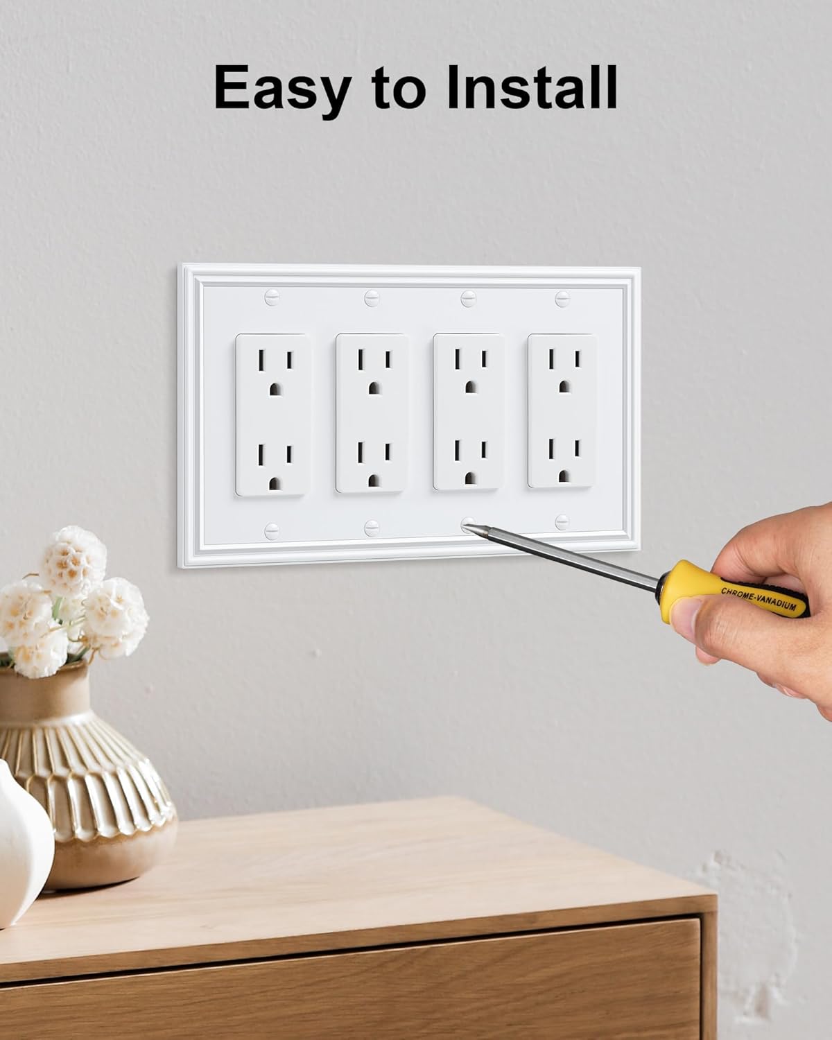 2-Pack Quad Decorator Outlet Cover Plate, Zinc Alloy Decorative Pure White Switch Plates and Outlet