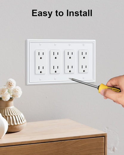 2-Pack Quad Decorator Outlet Cover Plate, Zinc Alloy Decorative Pure White Switch Plates and Outlet