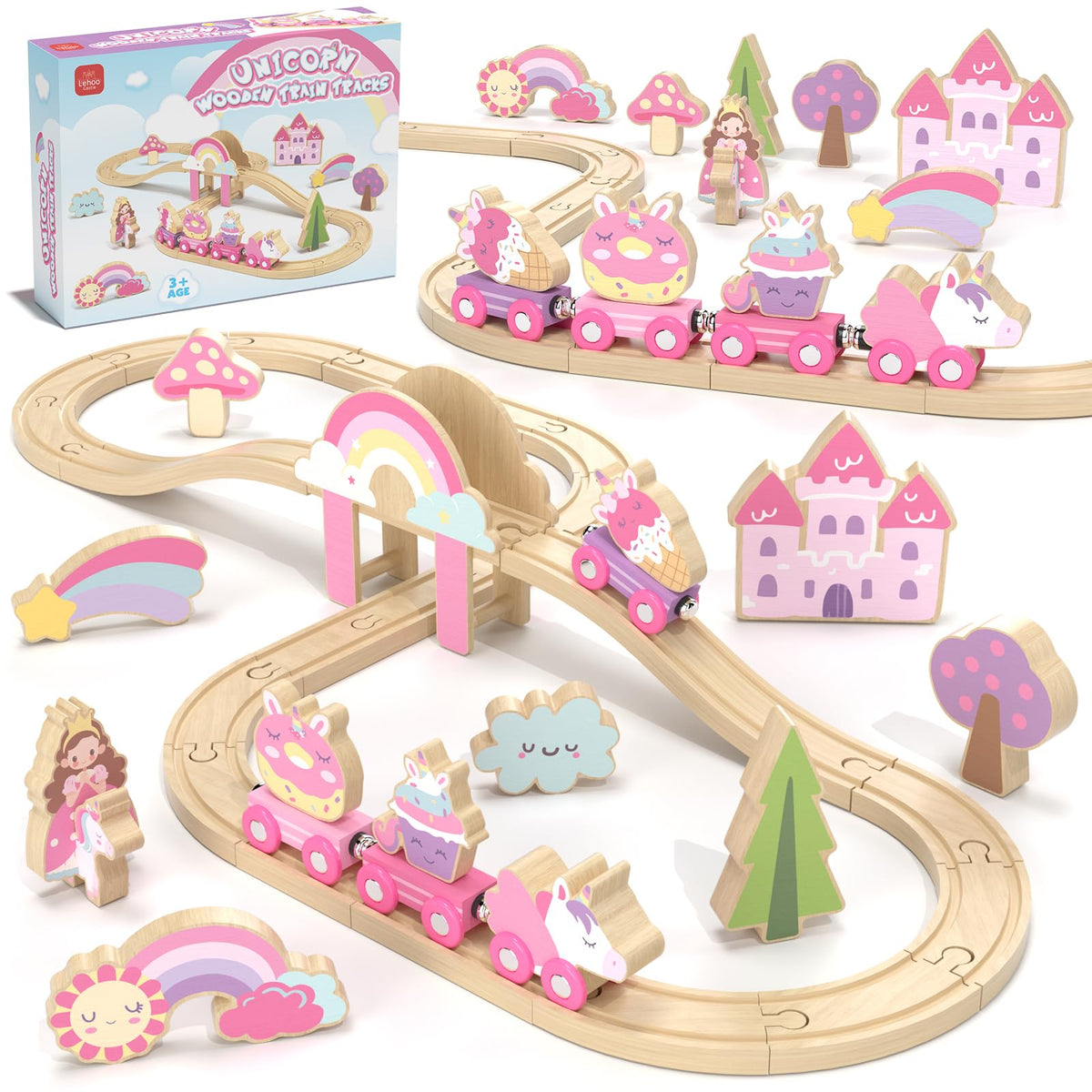 Lehoo Castle Wooden Train Set for Girls, Pink Unicorn Train Set