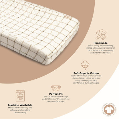 Crane Baby 100% Organic Cotton Change Pad Cover, Neutral Check Pattern for Boys, Girls, Unisex