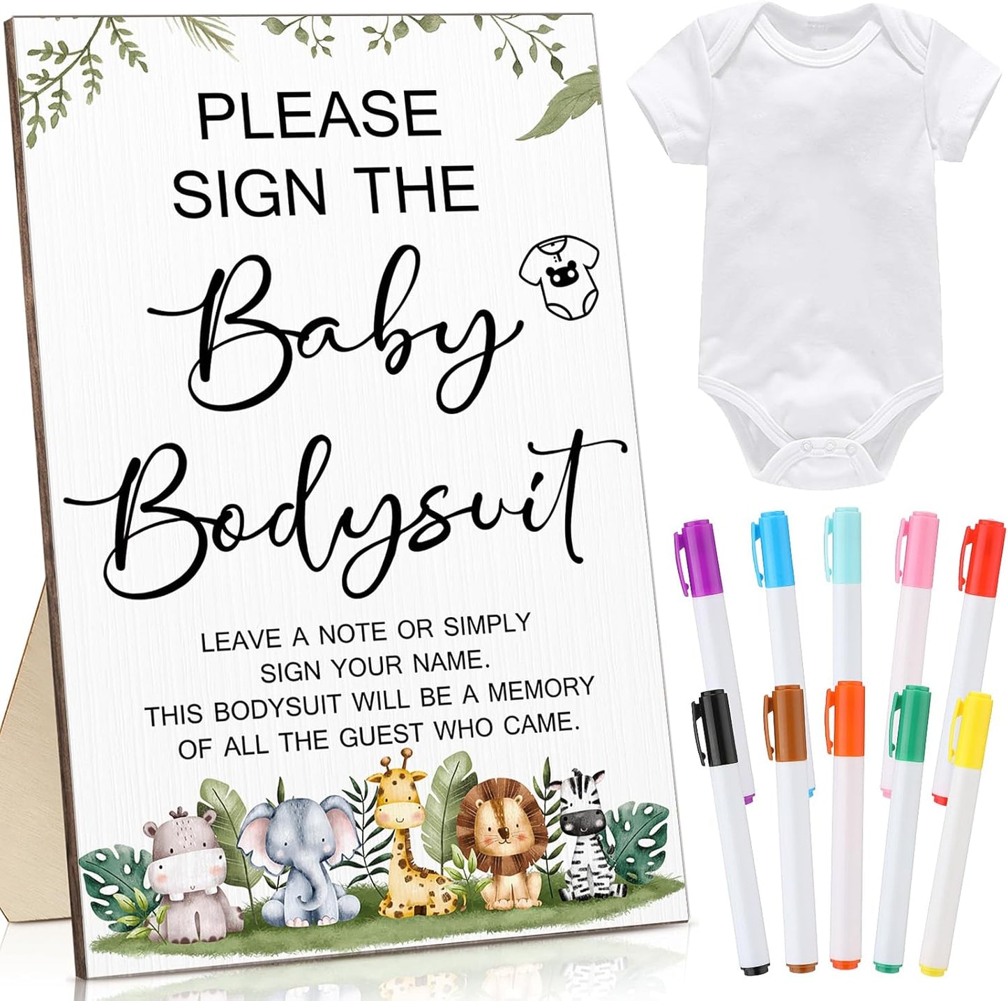 Qunclay 12 Pcs Baby Bodysuit Baby Shower Game Include 1 Game Wooden Sign Tabletop Decor 1 White