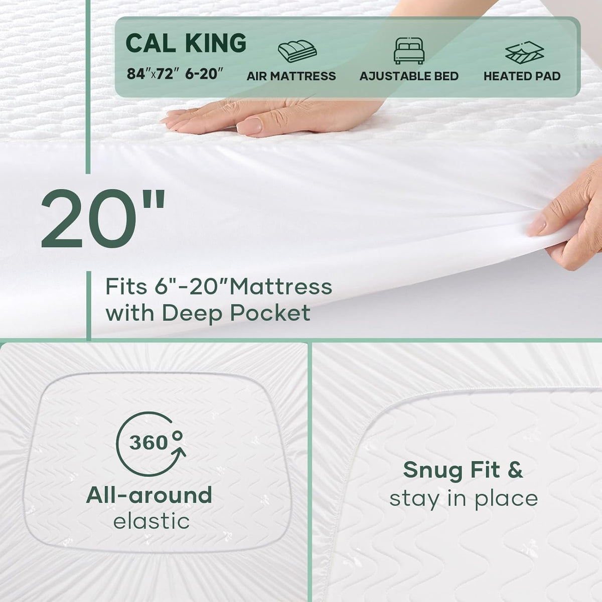 OhGeni 100% Waterproof Mattress Protector, California King Size Mattress Pad, Fits 6"-20"