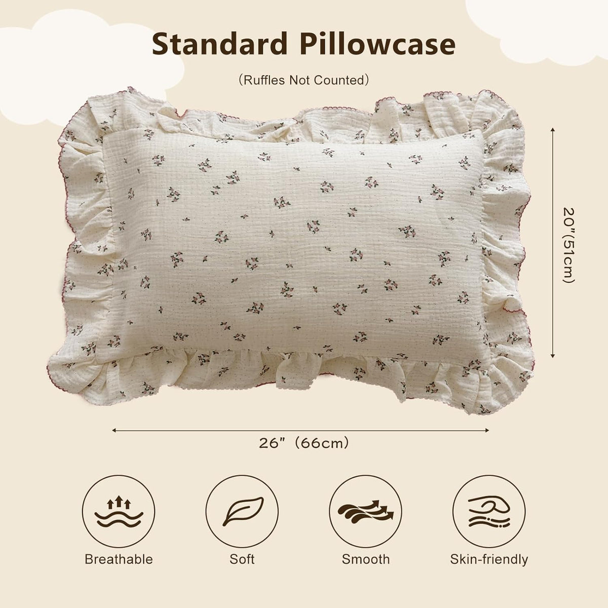 BuLuTu Beige Floral Toddler Pillowcase Muslin with Ruffles,Kids Girls Standard Pillow Cases Fit for