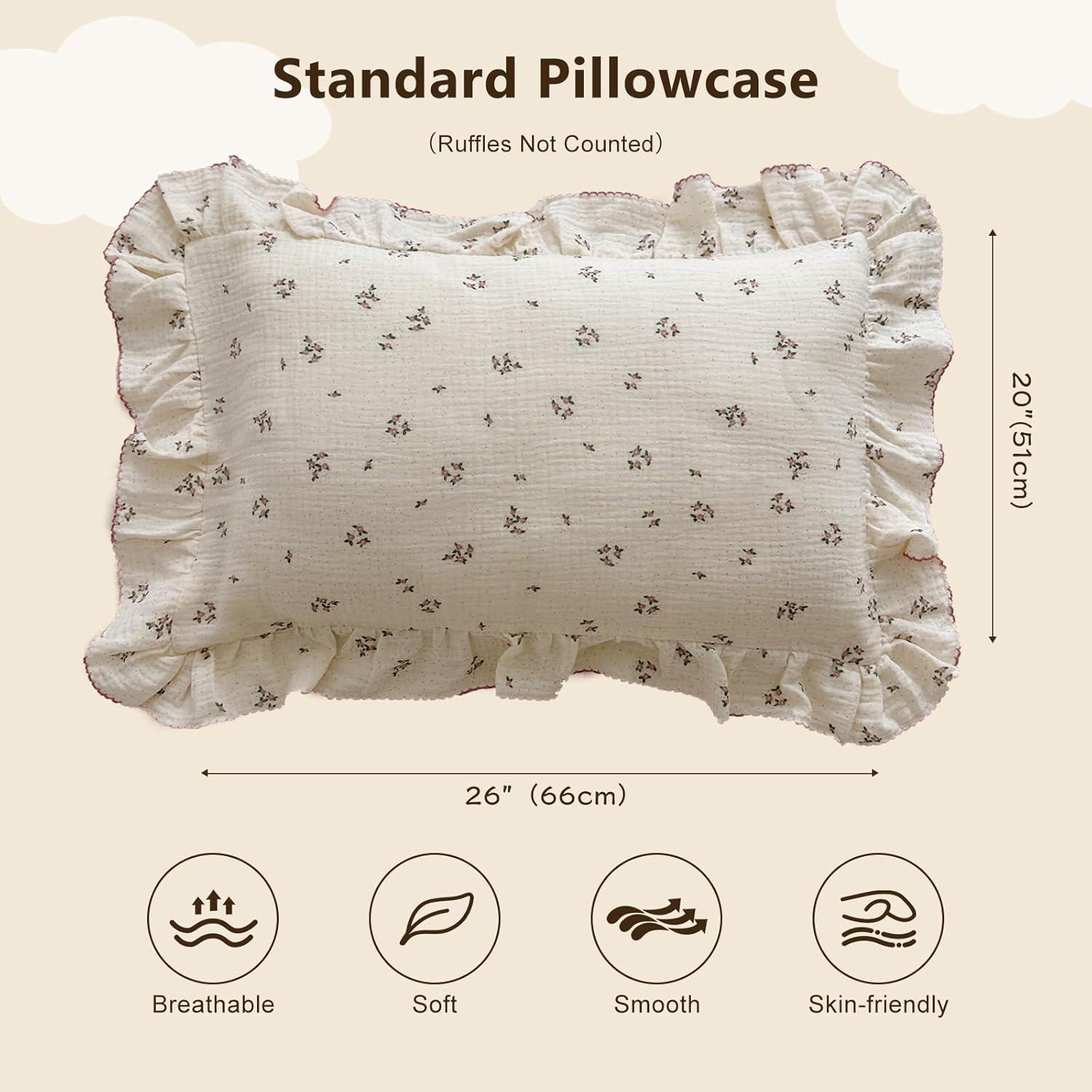 BuLuTu Beige Floral Toddler Pillowcase Muslin with Ruffles,Kids Girls Standard Pillow Cases Fit for