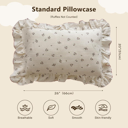 BuLuTu Beige Floral Toddler Pillowcase Muslin with Ruffles,Kids Girls Standard Pillow Cases Fit for