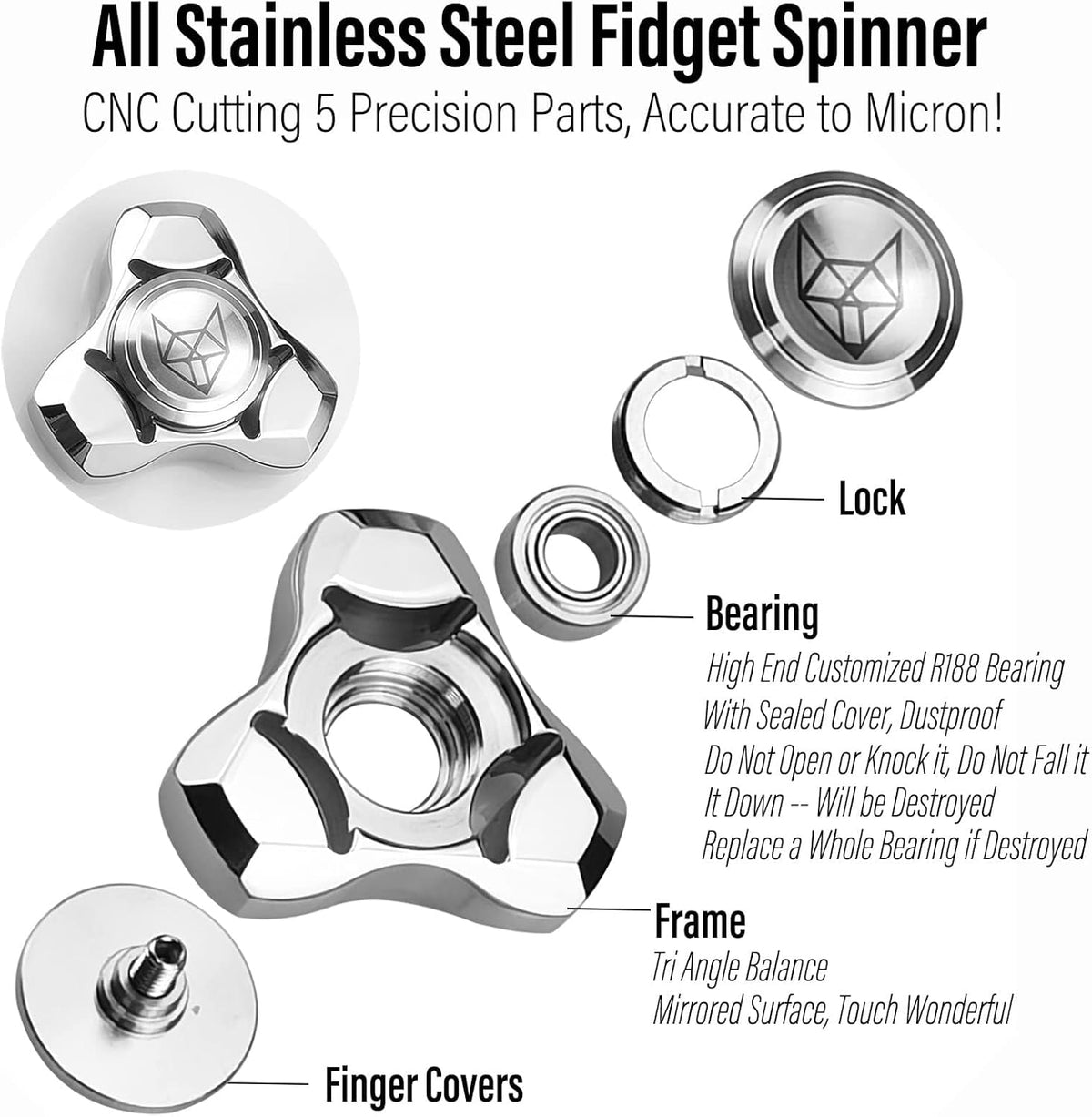 FREELOVE Metal Fidget Spinner for Adults, Stainless Steel Heavy Spinning Toys, Small Mini Fox Hand