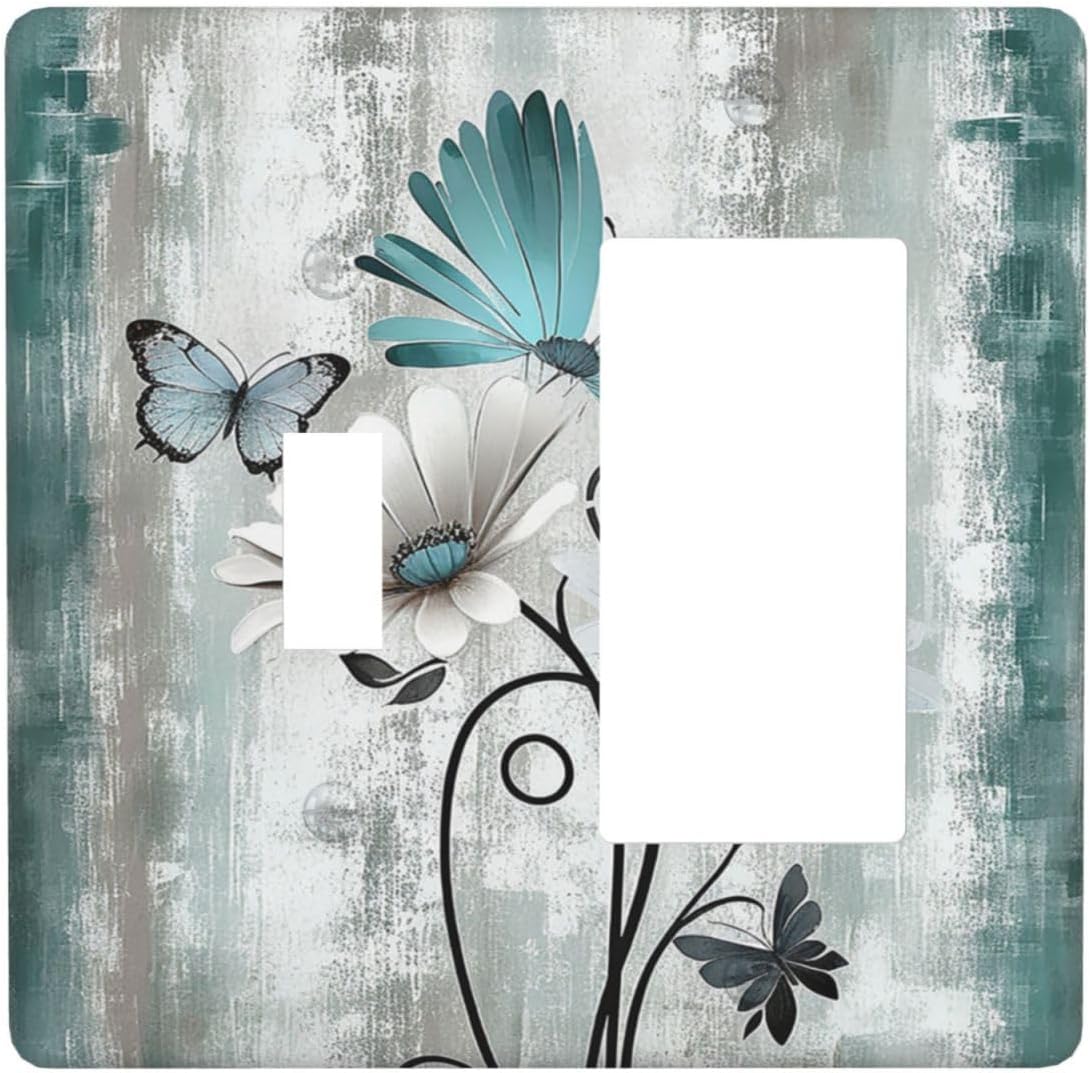 Outlet Covers Rustic Teal Daisy Floral Flowers Butterfly Wood Grain 1 Toggle 1 Rocker Combination