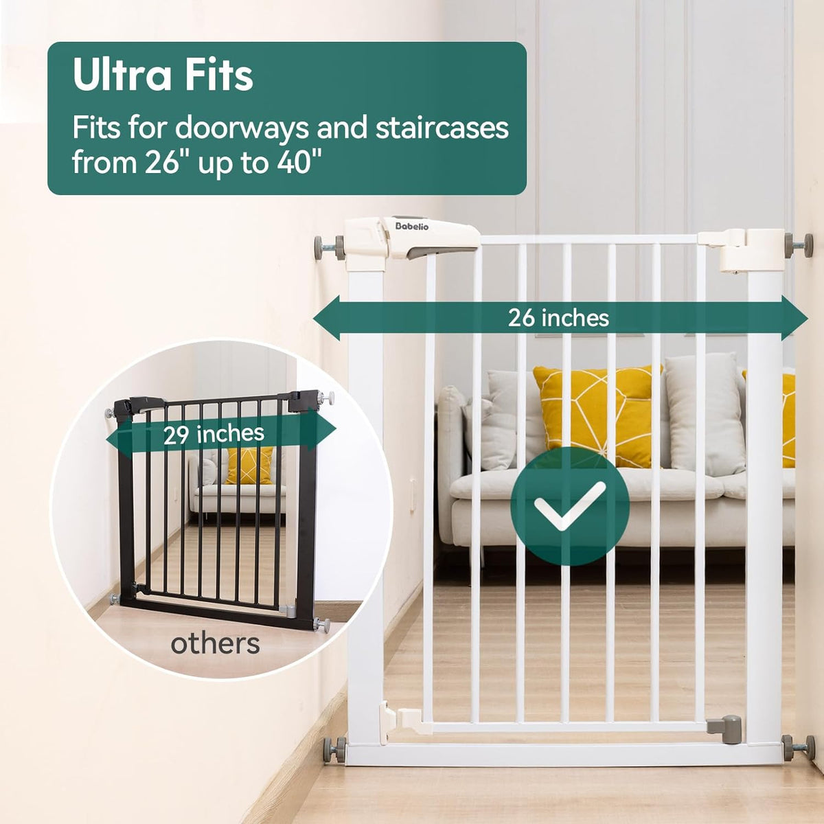 Babelio Baby Gate for Doorways and Stairs, 26''-40'' Auto Close Dog/Puppy Gate, Easy Install