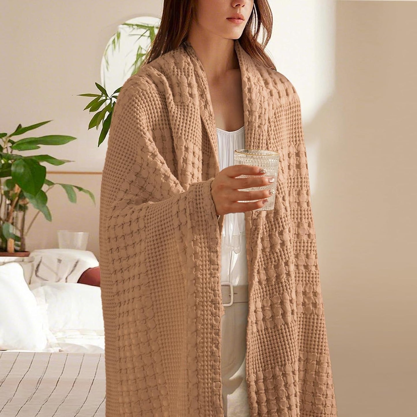 PHF 100% Cotton Waffle Weave Throw Blanket, Soft Lightweight Breathable Cozy Summer Throws for