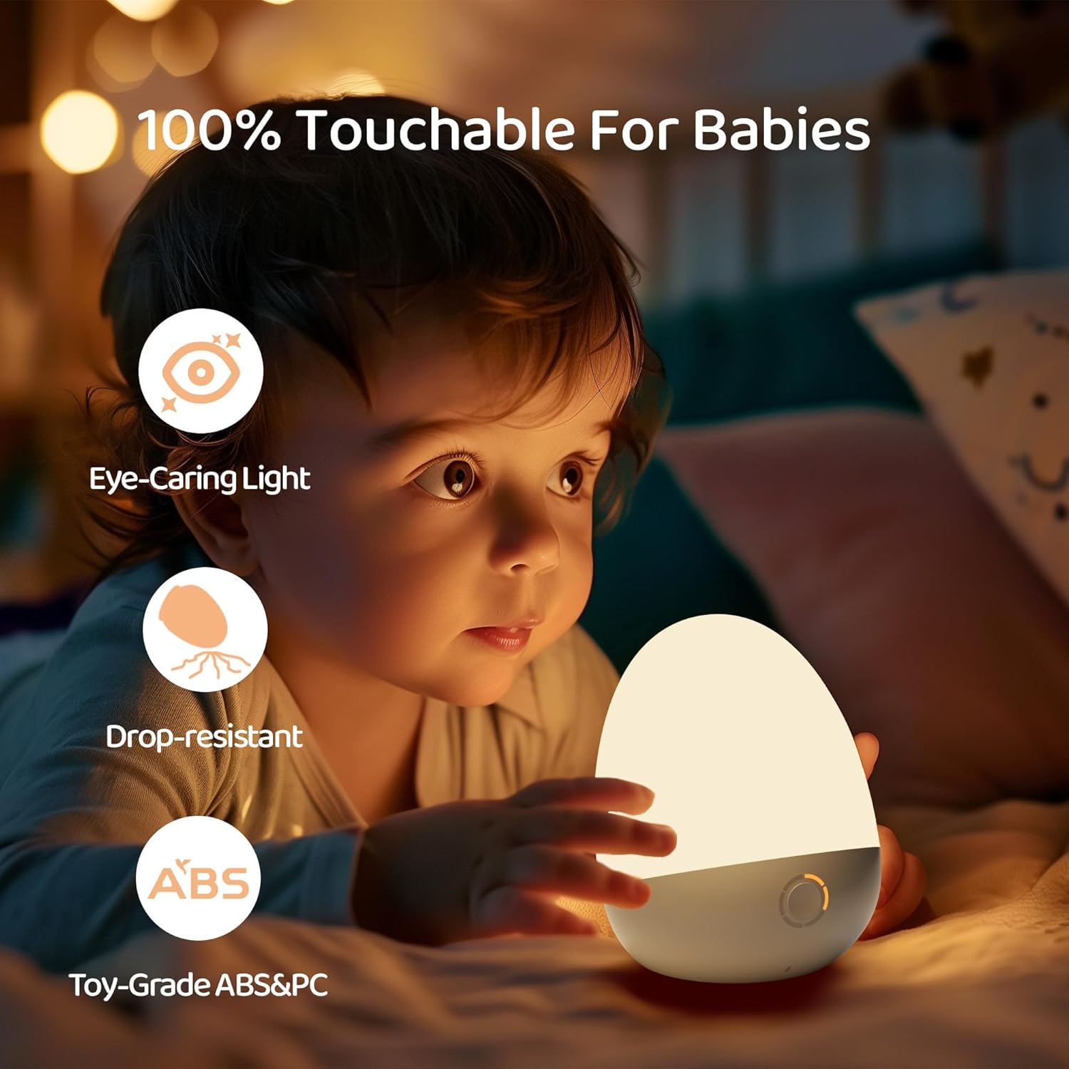 Touch Egg Night Light for Baby Nursery, Rechargeable Portable Kids Nightlight Lamp with 1-6H