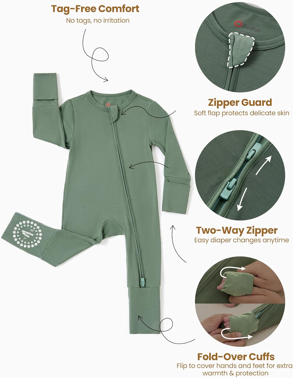 PATPAT Baby Footies Boys Girls - Bamboo Viscose - Zipper & Non-Slip Soles Romper Mitten - Footed &