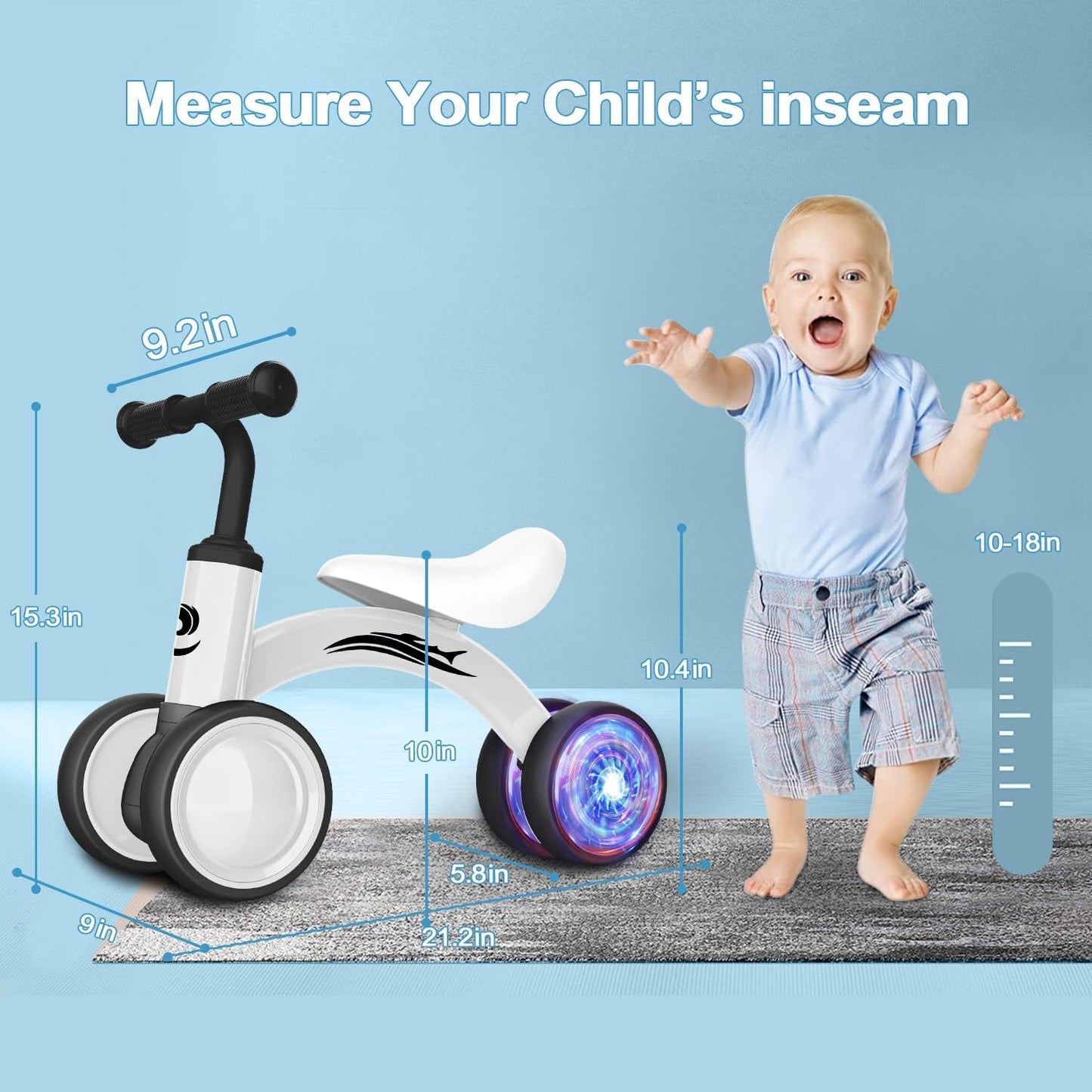 Colorful Lighting Baby Balance Bike Toys for 1 Year Old Boy Girl Gifts, 10-36 Month Toddler Balance