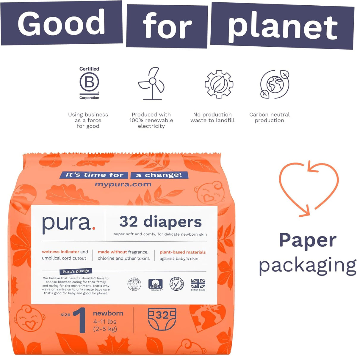 Pura Hypoallergenic Diapers, Size 1 (4-11 lbs), Newborn, Totally Chlorine Free, Wetness Indicator
