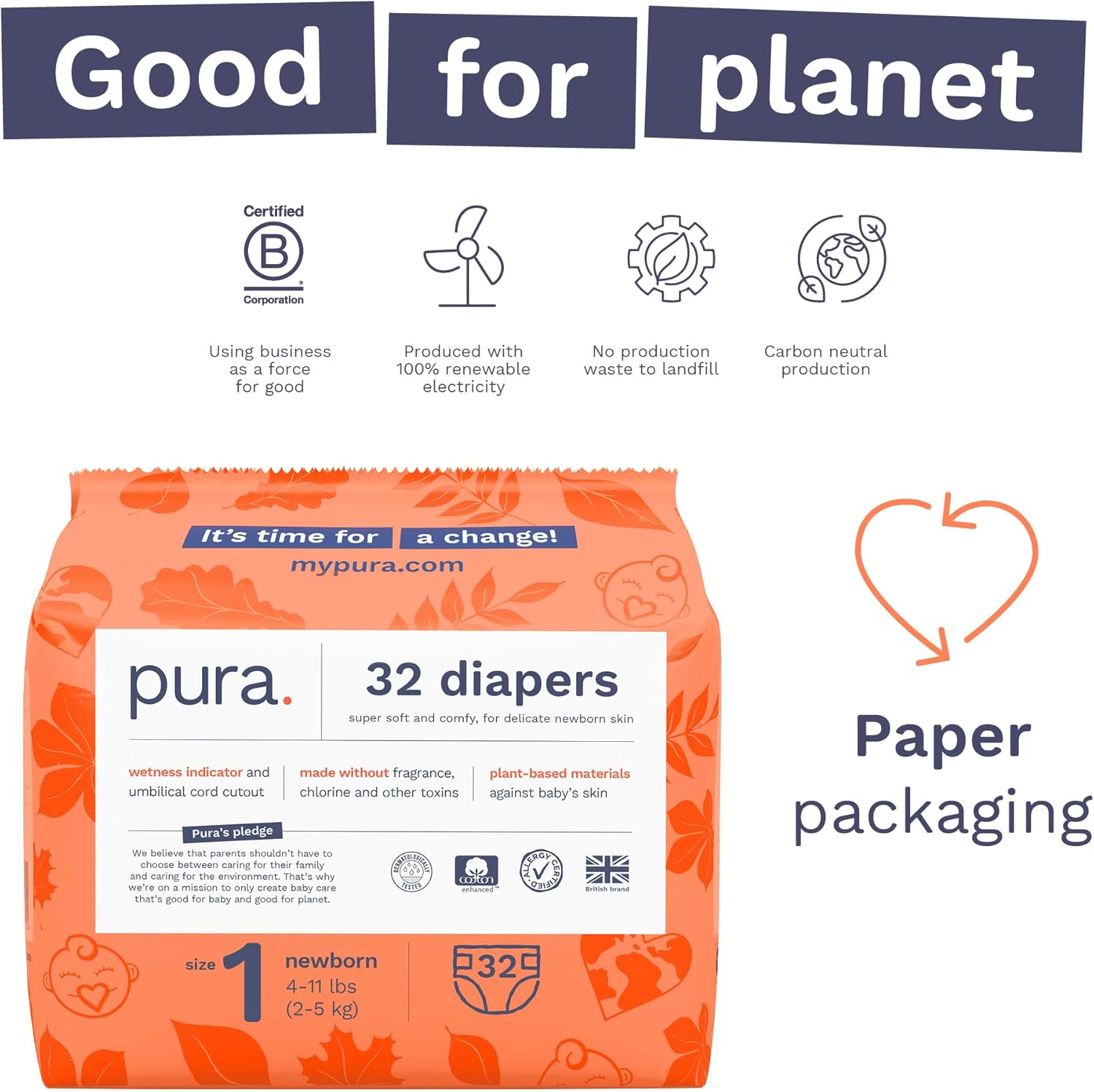Pura Hypoallergenic Diapers, Size 1 (4-11 lbs), Newborn, Totally Chlorine Free, Wetness Indicator