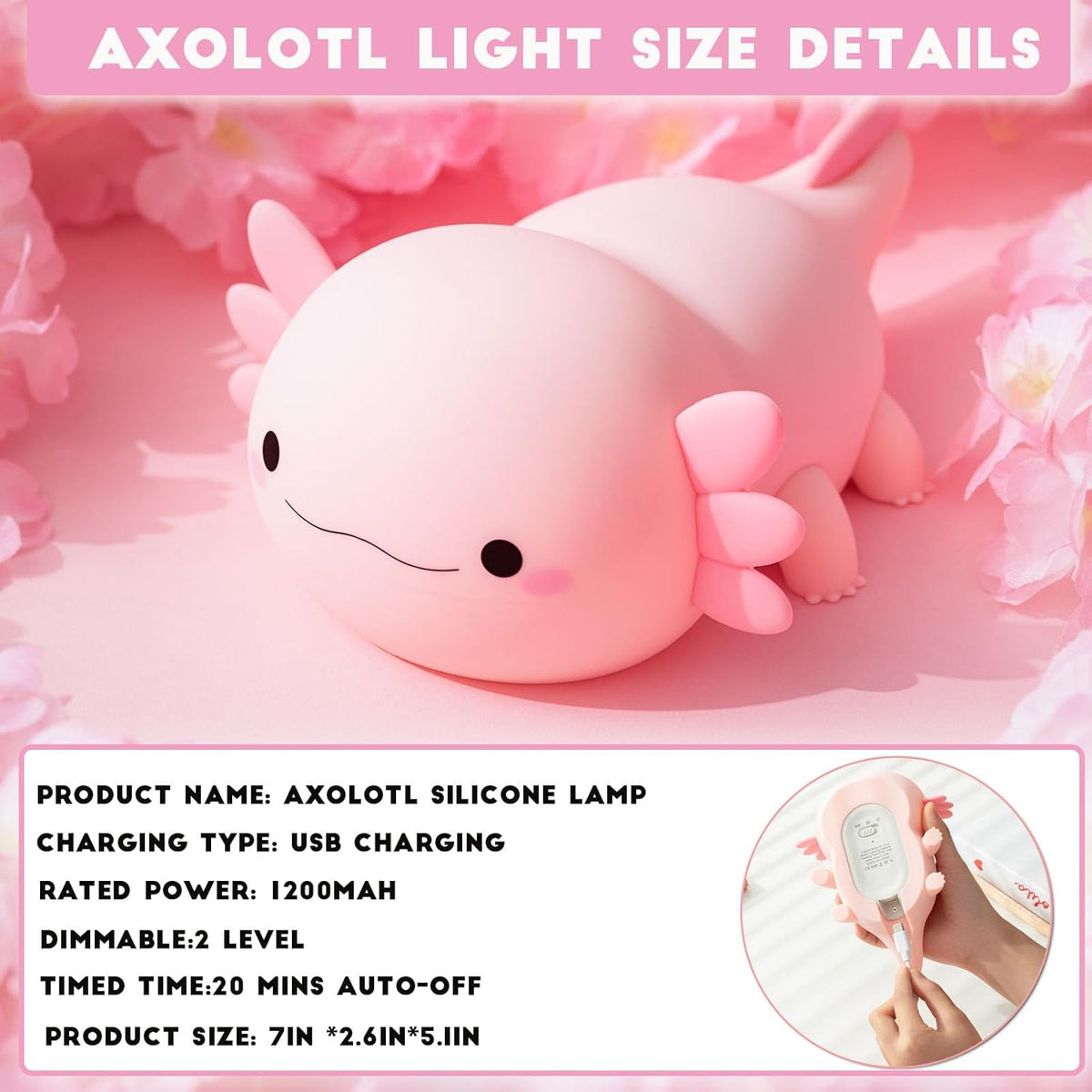 HAPPYBAG Axolotl Night Light,Cute Axolotl lamp Gifts for Kids,Dimmable Silicone Animal Nursery