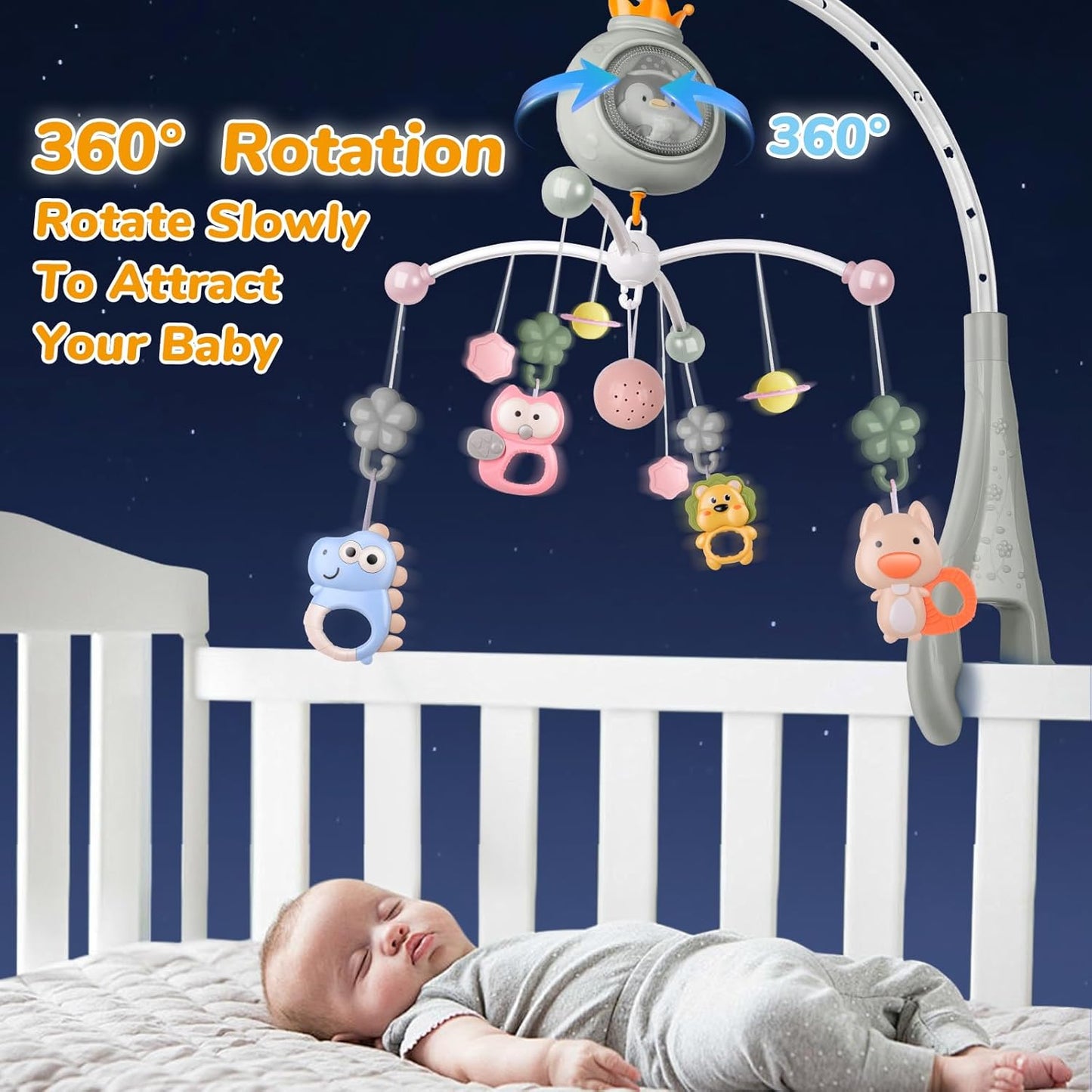 Crib Mobile with Music and Lights, Mobiles for Cribs, Baby Nursery Space Portable Infant Arm Hanger