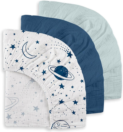 Gllquen Baby Muslin Mini Crib Sheets 3 Pack, Breathable Pack and Play Sheets Fitted Soft Cozy