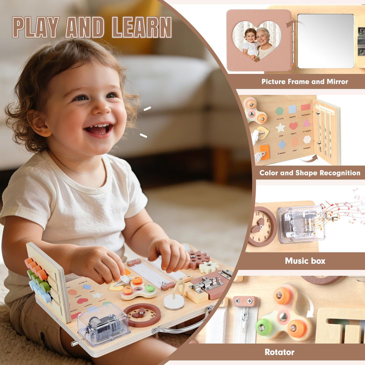 Hoarosall Montessori Busy Board for Toddlers 16-in-1 Wooden Sensory Activity Board with Music Box
