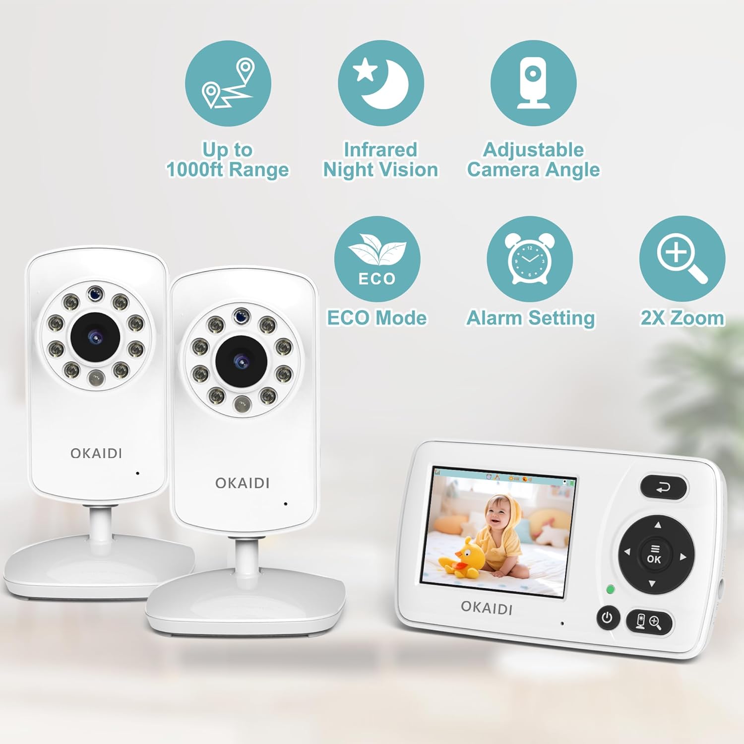 Video Baby Monitor with 2 Cameras, 2.4'' Portable Travel Screen, 1000ft Long Range Transmission