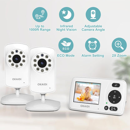 Video Baby Monitor with 2 Cameras, 2.4'' Portable Travel Screen, 1000ft Long Range Transmission
