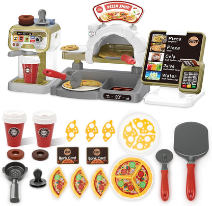 deAO Pretend Play Store Coffee Playset Kids Coffee Maker Play Set Pizzas Shop with Cash Register
