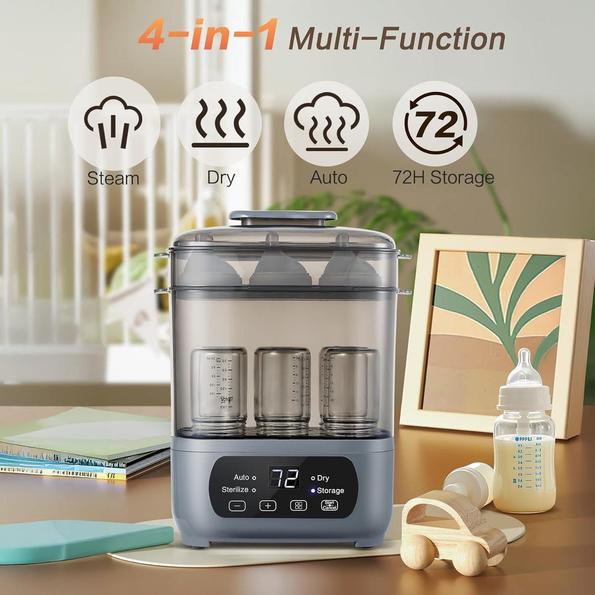 4-in-1 Baby Bottle Steamer and Dryer, Electric Steamer with Fast Drying, Universal Fit for All