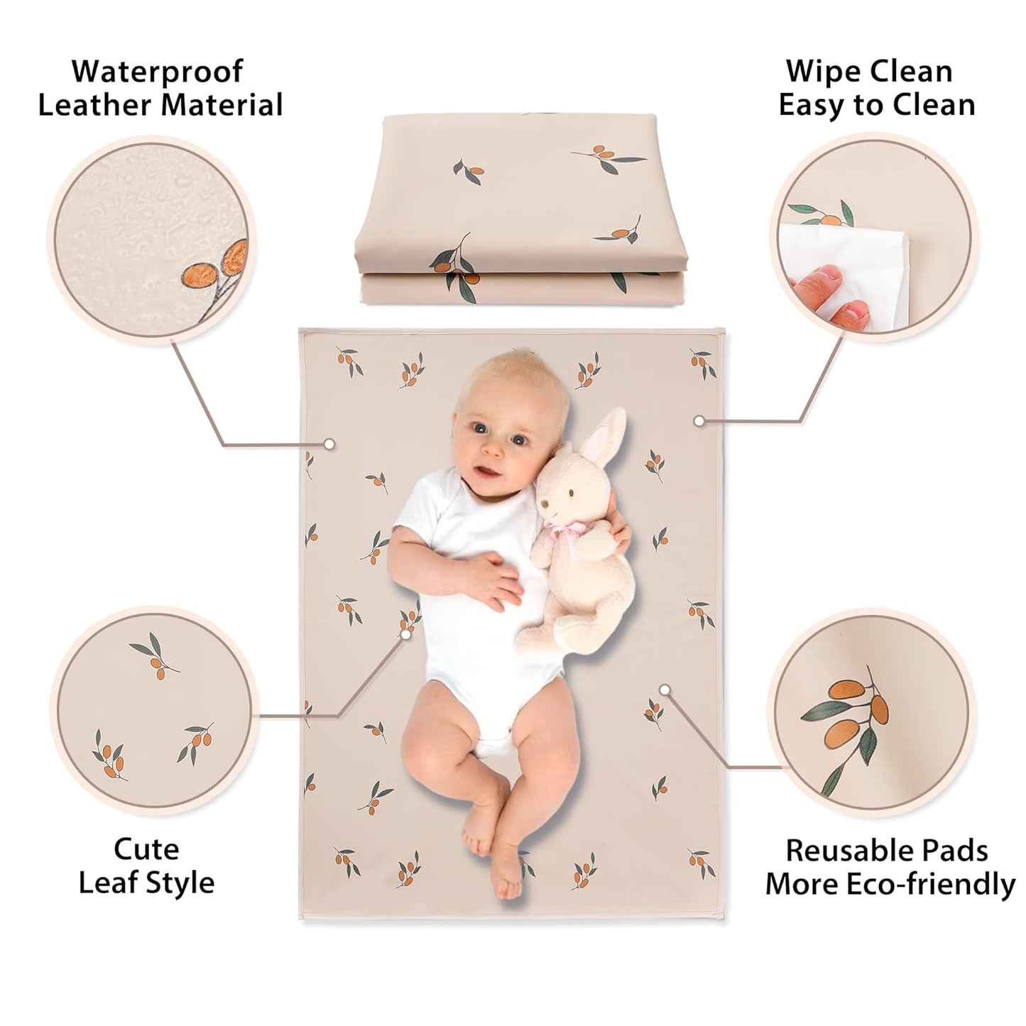 Vegan Leather Baby Changing Mat - Wipeable Portable Changing Pad, Foldable Travel Changing Mat for