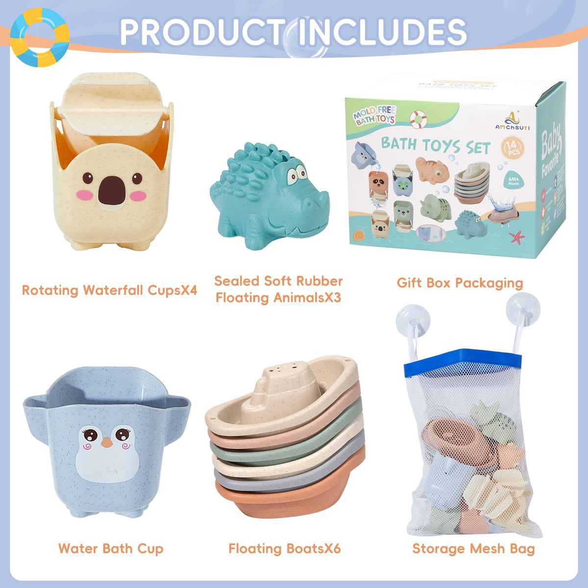 Baby Bath Toys for Kids Ages 1-3, 14 Pack Mold Free Bath Toys Toddlers 2-4 Bathtub Toys with