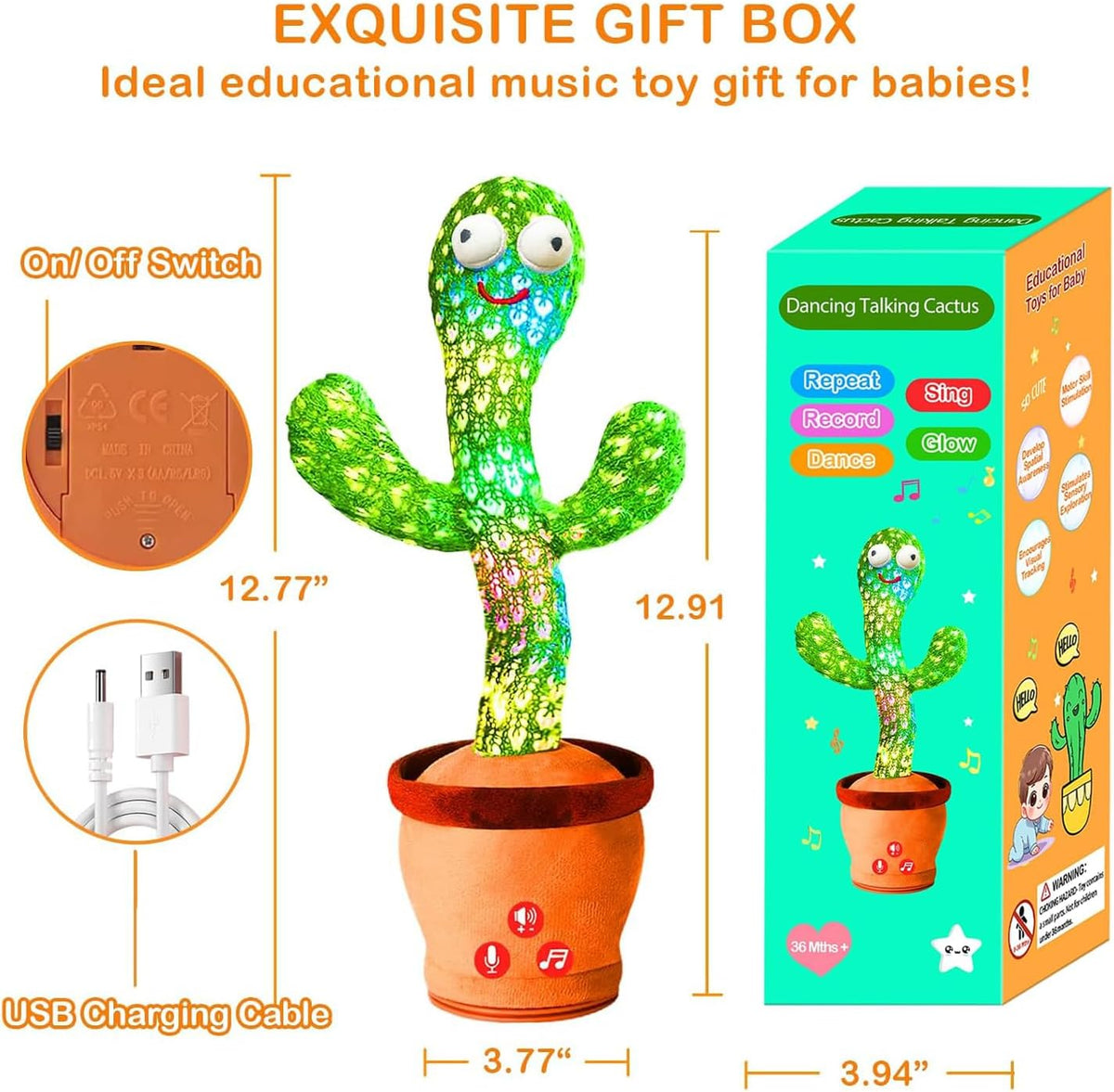 Rechargeable Dancing Talking Cactus Toy for Baby Toddler, Boys Girls Gifts Singing Mimicking Toys
