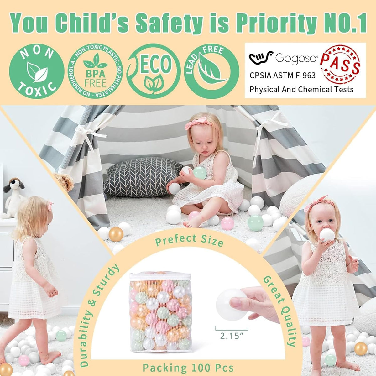 GOGOSO Ball Pits Balls for Toddlers Pack of 50 100 200 Plastics Shape Ball Non-Phthalate Non-BPA