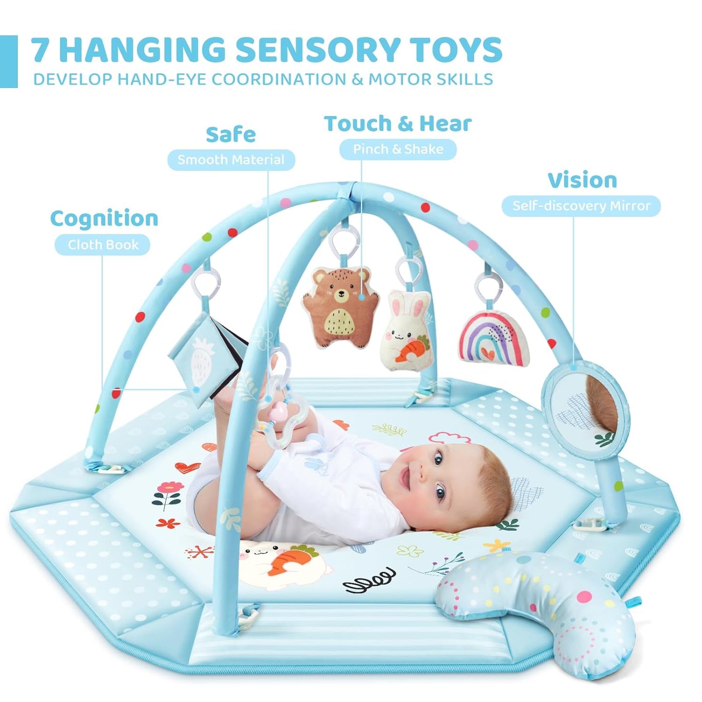 Baby Gym Play Mat, 8-in-1 Tummy Time Mat & Ball Pit with 6 Toys, Washable Baby Activity Mat for