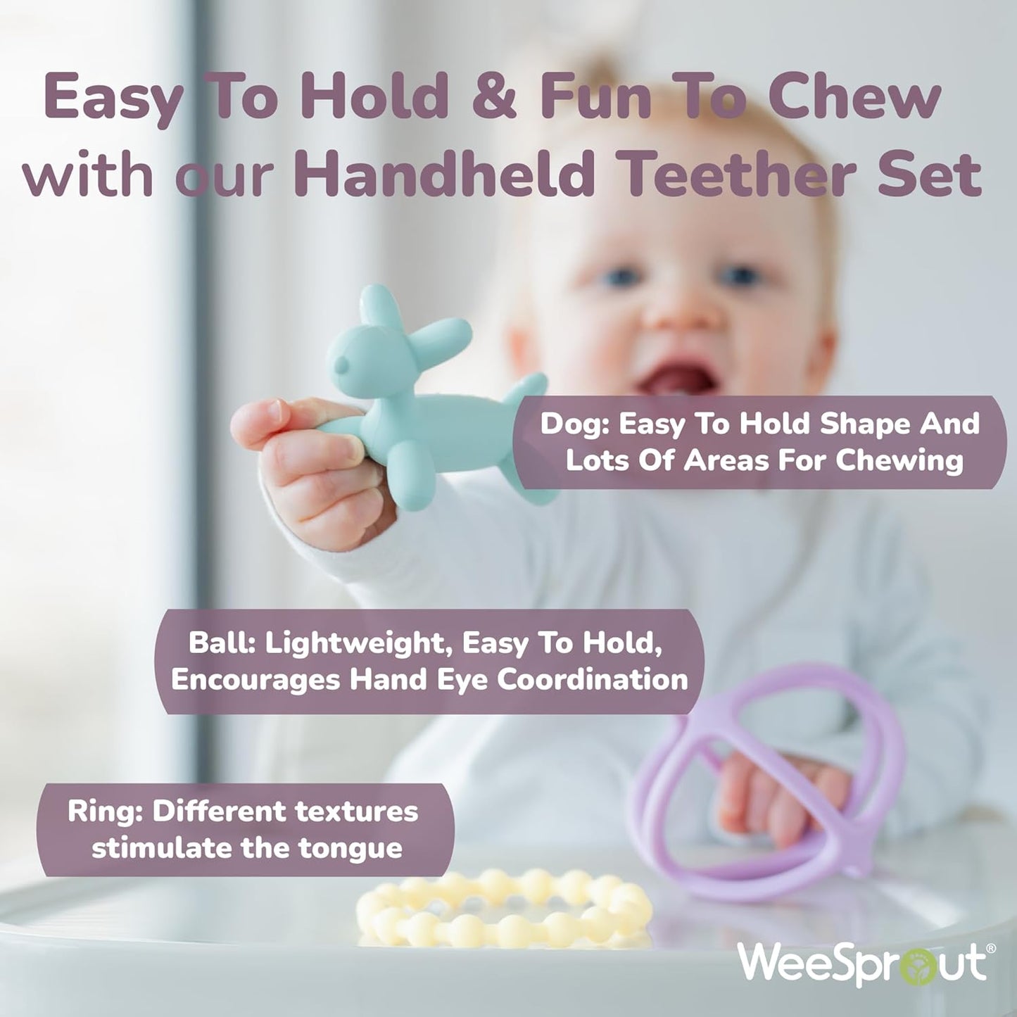 WeeSprout Silicone Baby Teether Toys for Infant Babies and Toddlers, Cute Ring, Puppy Dog, and