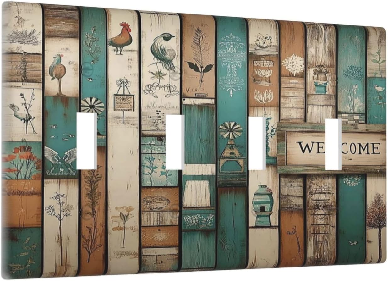 Light Switch Covers Vintage Wood Brown Turquoise Splicing Quad Toggle Electrical Faceplate 4 Gang